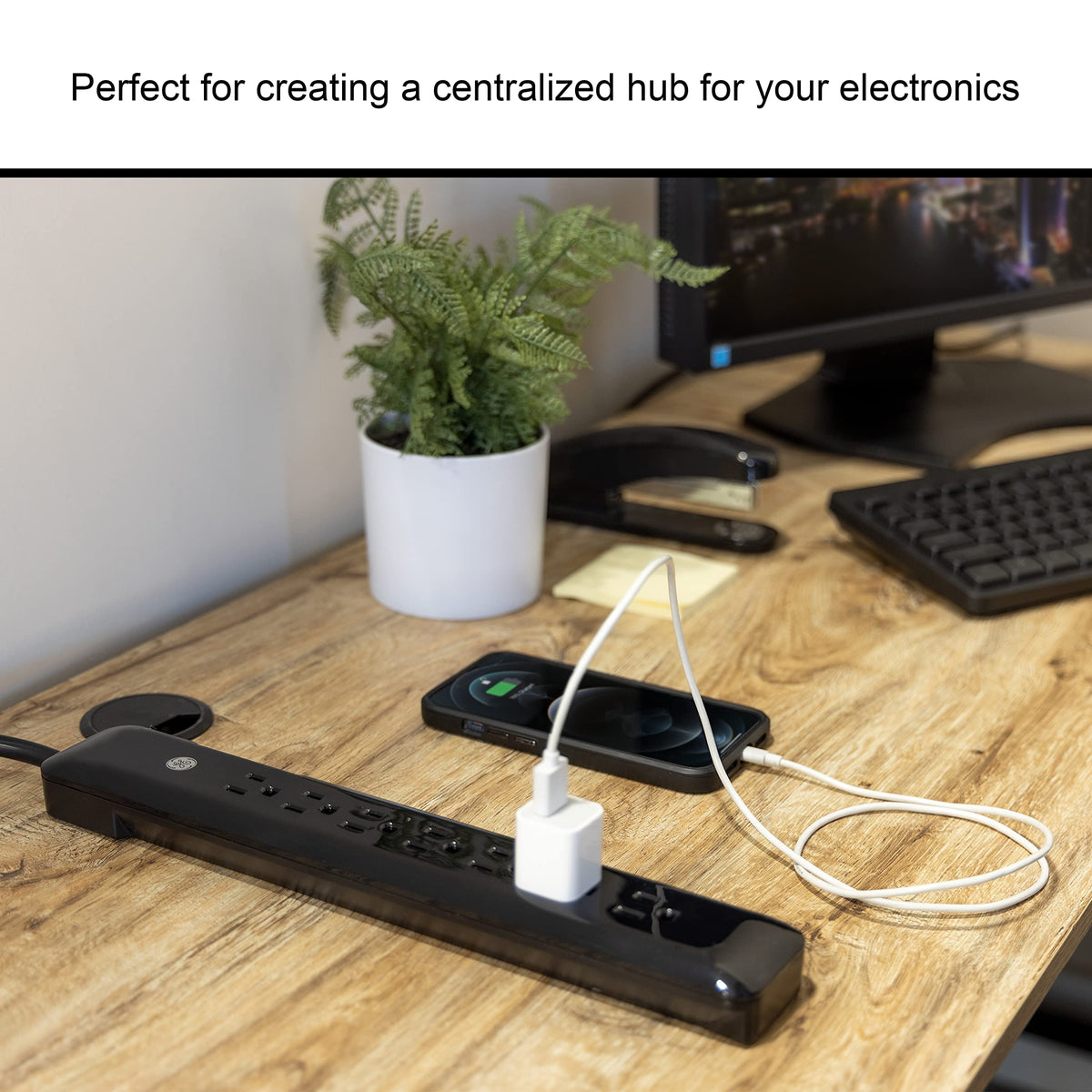 GE Surge Protector Power Strip compact design fits tight spaces without crowding outlets.