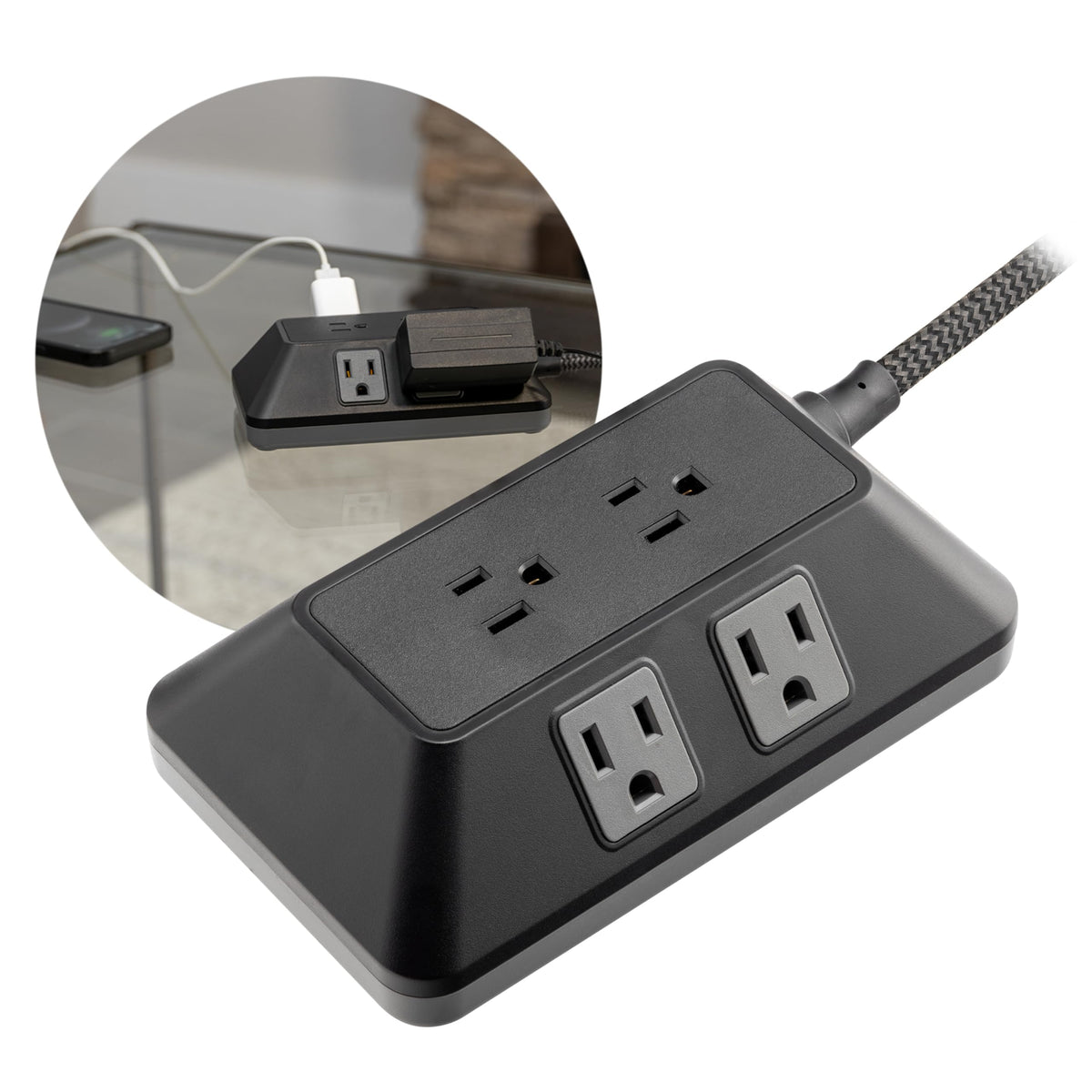 GE flat plug and 6ft braided cord shown saving space behind furniture