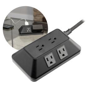 GE flat plug and 6ft braided cord shown saving space behind furniture