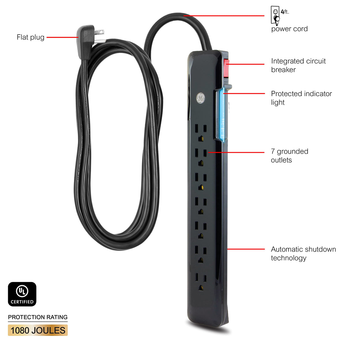 GE Surge Protector Power Strip flat plug keeps furniture flush against the wall.