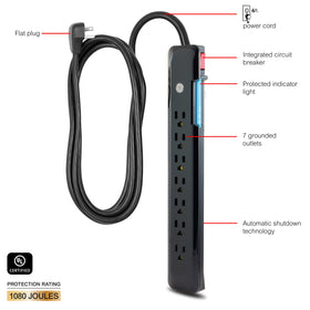 GE Surge Protector Power Strip flat plug keeps furniture flush against the wall.