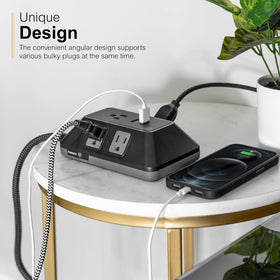 GE surge protector flat plug fits behind furniture while remaining accessible.