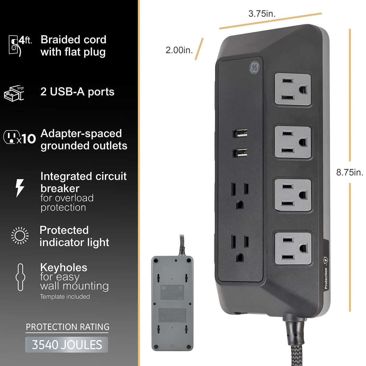 GE surge protector flat plug design ideal for tight spaces