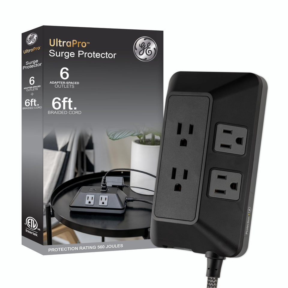 GE front view of 6-outlet surge protector showcasing layout and capacity benefit