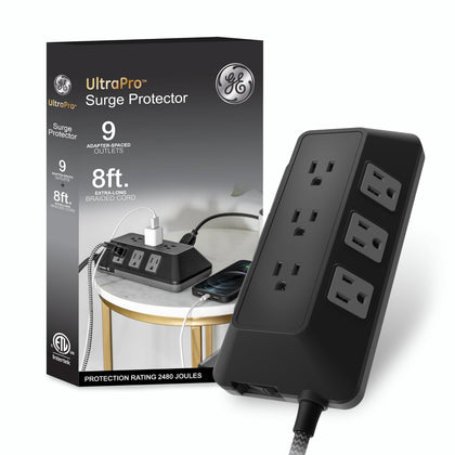 GE Surge Protector with nine outlets and angled design for easy plugging in