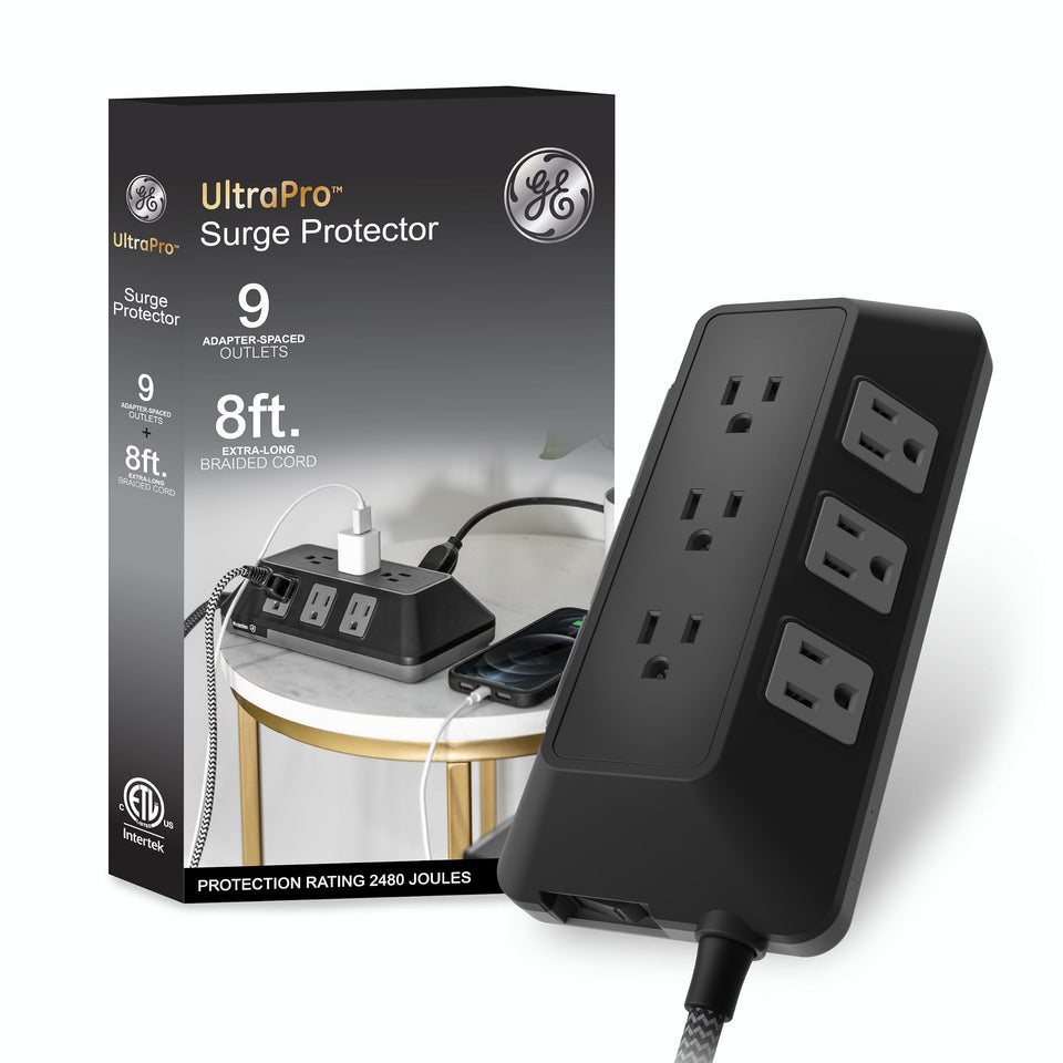 GE Surge Protector with nine outlets and angled design for easy plugging in