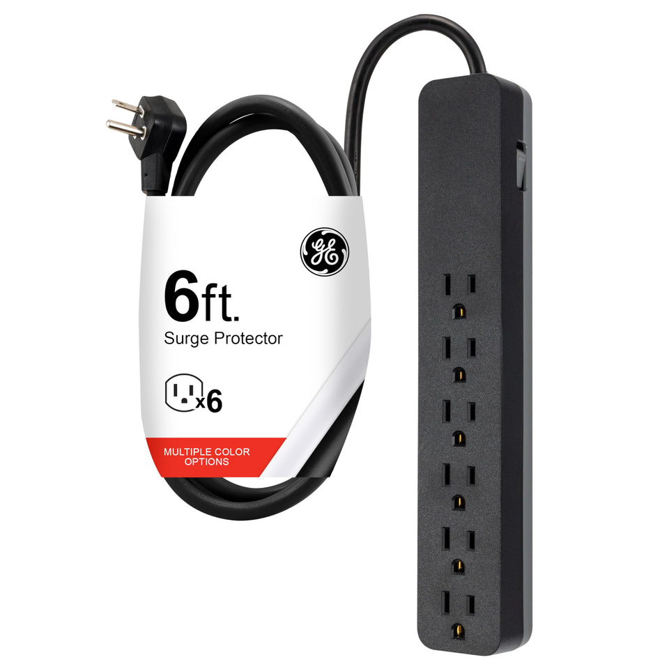 GE surge protector power strip with six outlets for centralized device charging.