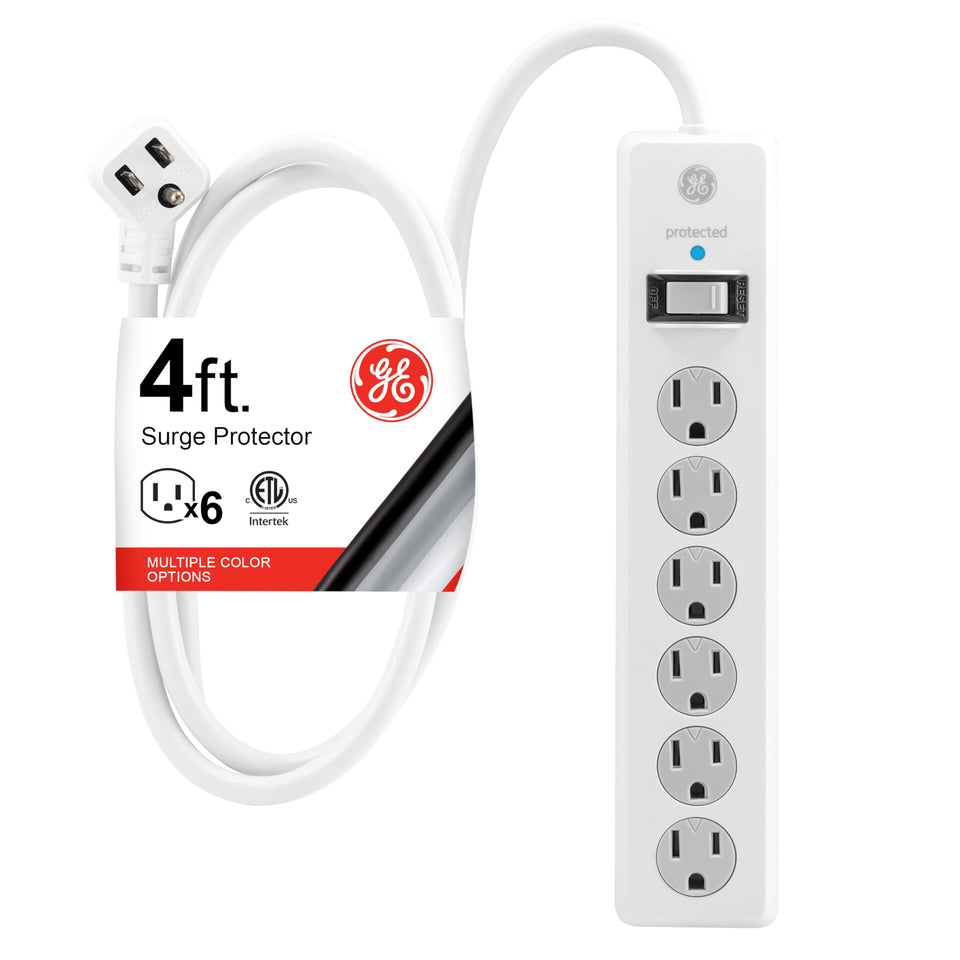 GE surge protector with six outlets and 800 Joules guards electronics from voltage spikes