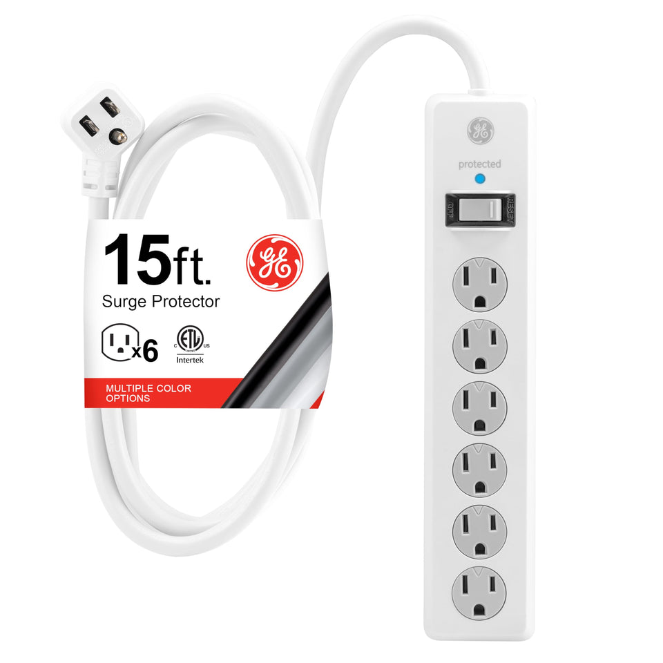 GE surge protector with six outlets and 15 ft cord for flexible power access