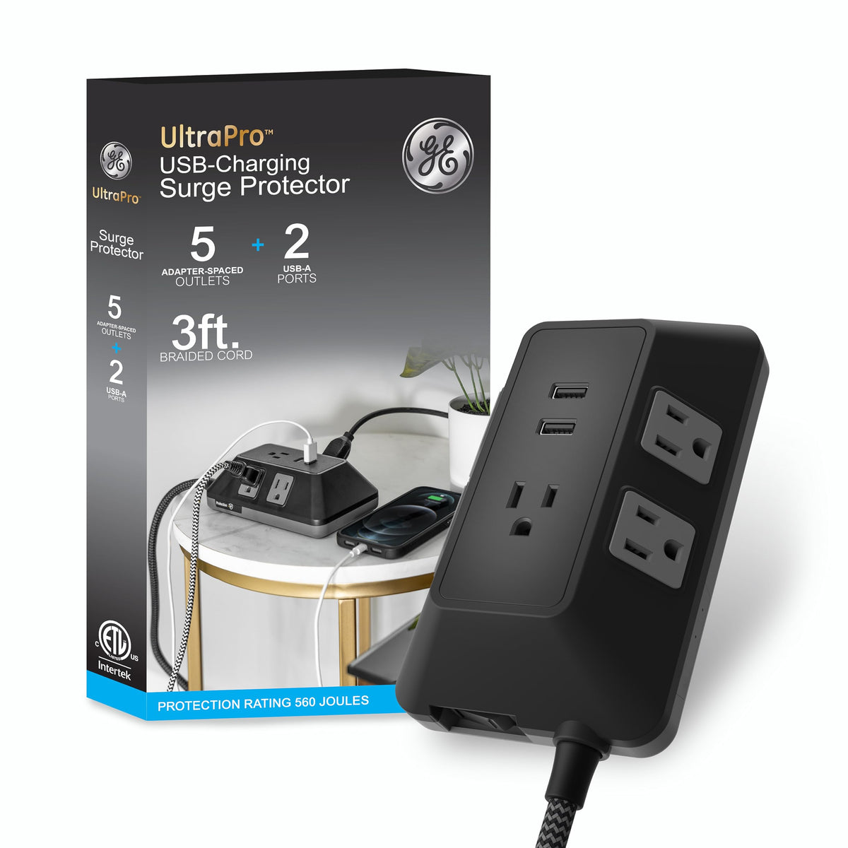GE surge protector with USB ports keeps devices powered and organized.