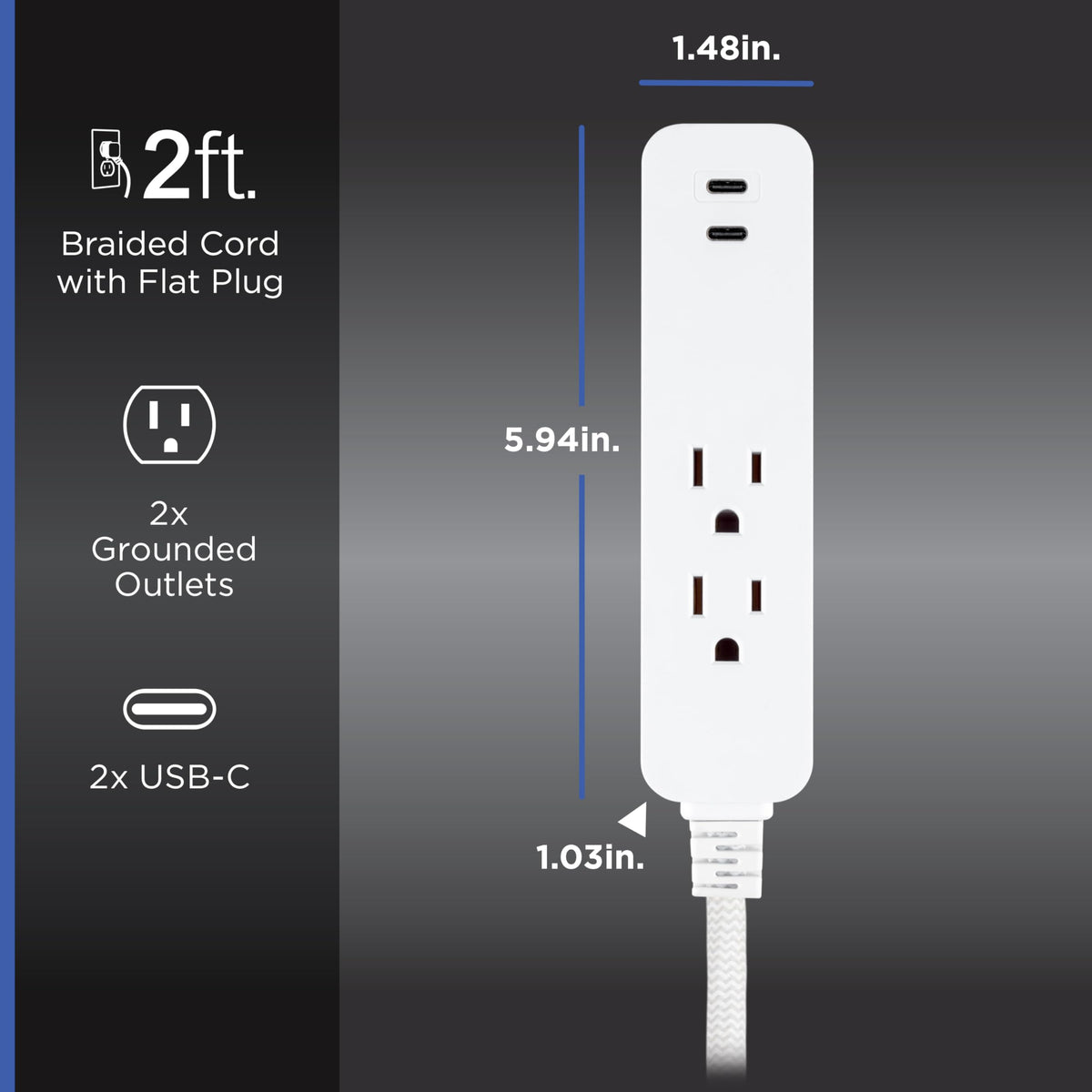 GE two-outlet surge protector with USB-C charging, two ports for devices.