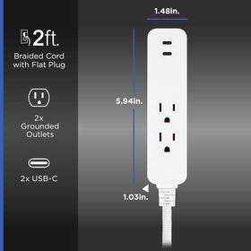GE two-outlet surge protector with USB-C charging, two ports for devices.
