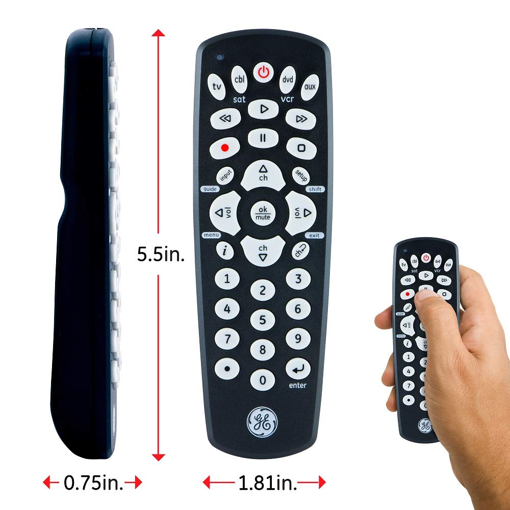 GE UltraPro remote in use on coffee table during movie night.