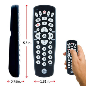 GE UltraPro remote in use on coffee table during movie night.