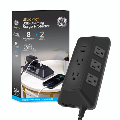 GE Ultrapro Adapt 8-outlet surge protector with USB ports ideal for charging phones and laptops.