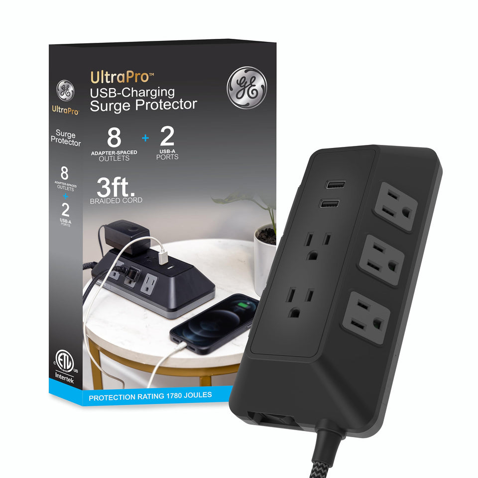 GE Ultrapro Adapt 8-outlet surge protector with USB ports ideal for charging phones and laptops.