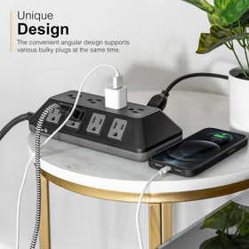 GE UltraPro ADAPT flat plug tucked behind furniture for tight spaces.