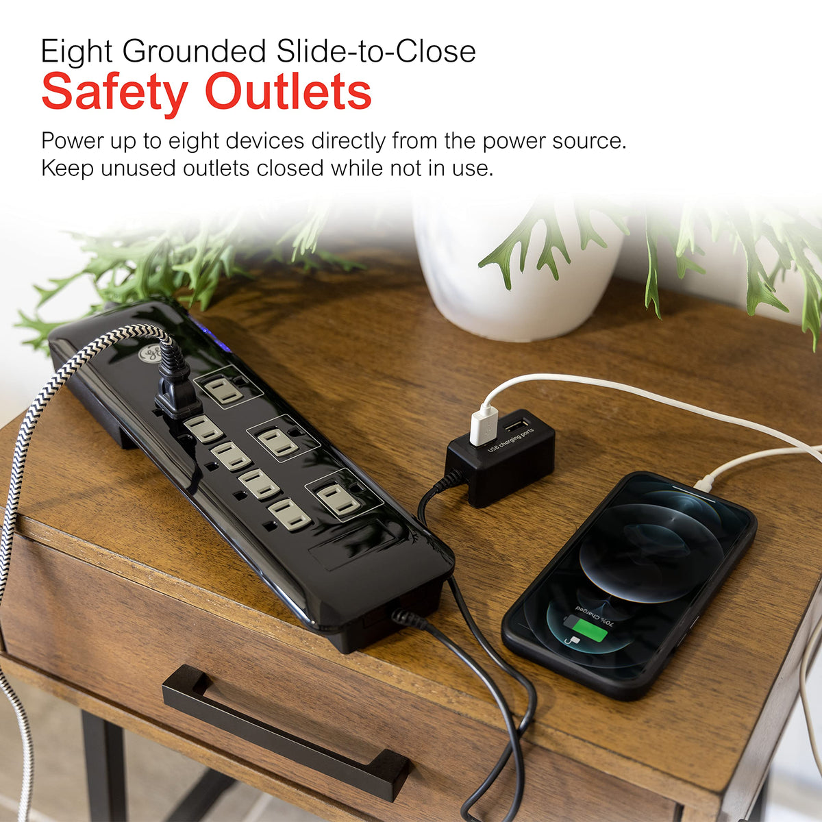 GE UltraPro angled view highlighting extra wide spaced outlets to fit bulky plugs