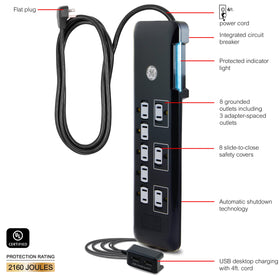 GE UltraPro flat plug and 4-foot cord shown reaching behind furniture for flexibility