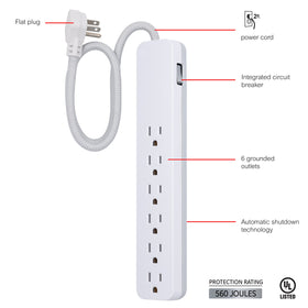 GE Ultrapro flat-plug surge protector saving space behind furniture