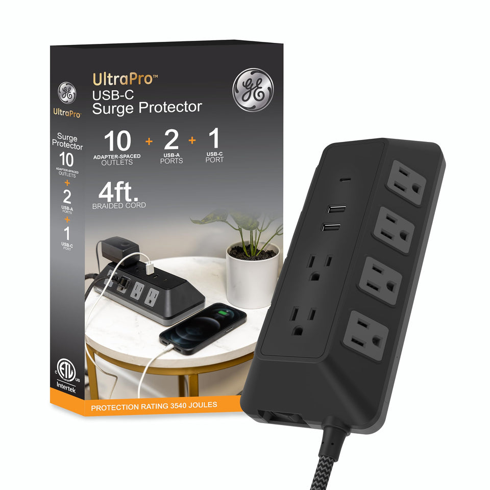 GE UltraPro front view showing ten wide-spaced outlets and ports for organized power