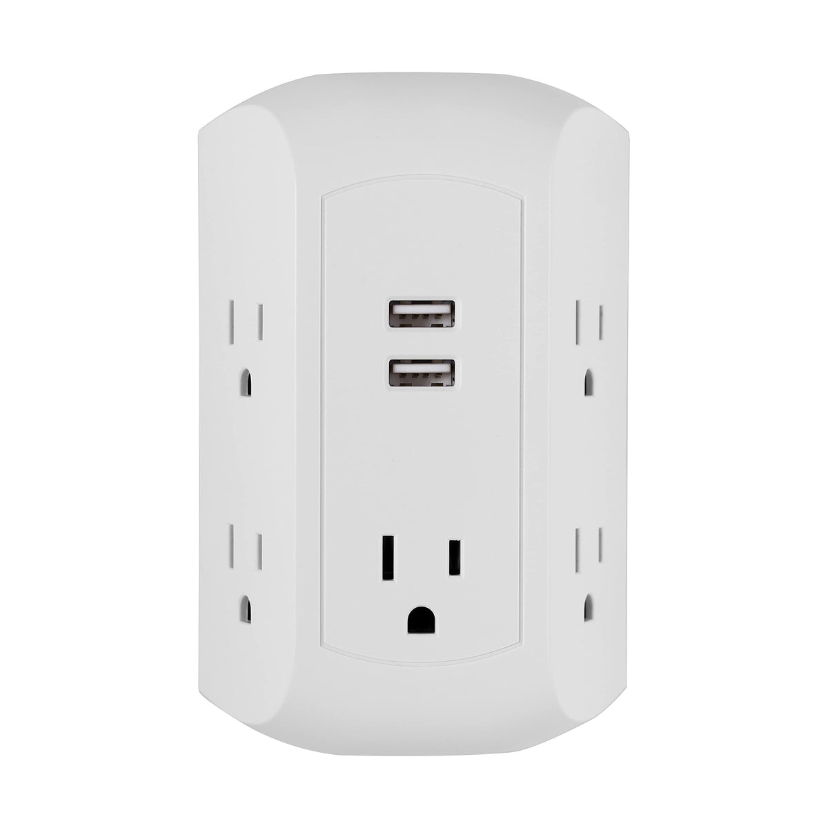 GE UltraPro surge protector front view with five outlets and two USB ports for versatile charging.