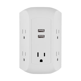 GE UltraPro surge protector front view with five outlets and two USB ports for versatile charging.