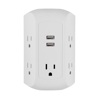 GE UltraPro surge protector front view with five outlets and two USB ports for versatile charging.