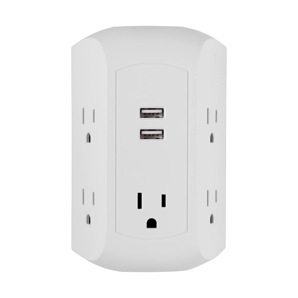 GE UltraPro surge protector front view with five outlets and two USB ports for versatile charging.