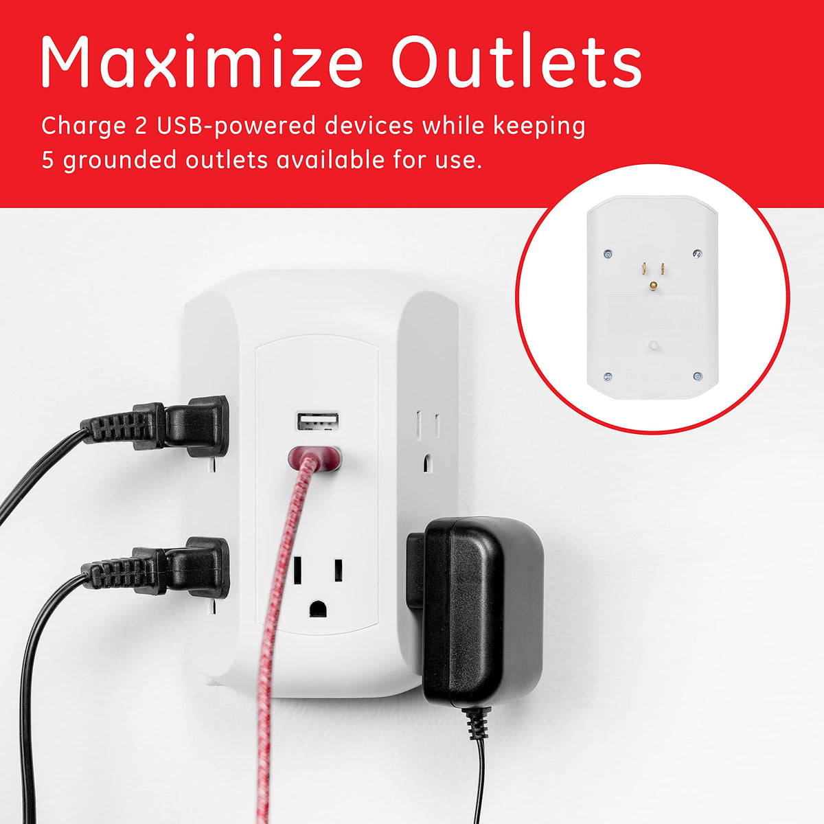 GE UltraPro office setup demonstrating compact, tidy power and USB charging in a workspace.