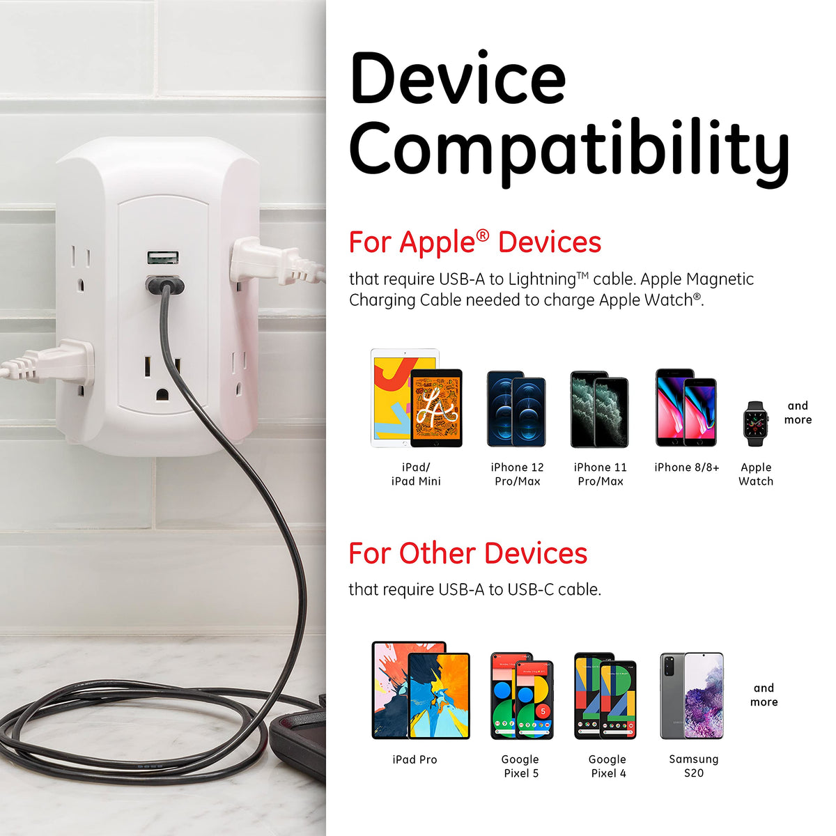 GE UltraPro surge protector shows outlets in use, keeping cables organized.
