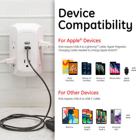 GE UltraPro surge protector shows outlets in use, keeping cables organized.