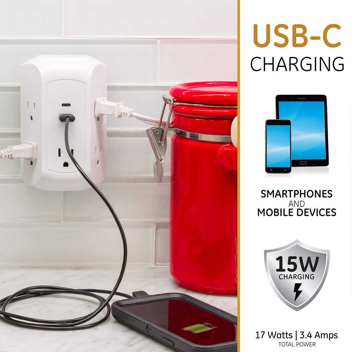 GE UltraPro USB and USB-C ports closeup showing fast-charge convenience