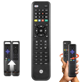GE Universal Remote Companion with back compartment securely holds Roku or Fire TV remote for quick streaming.