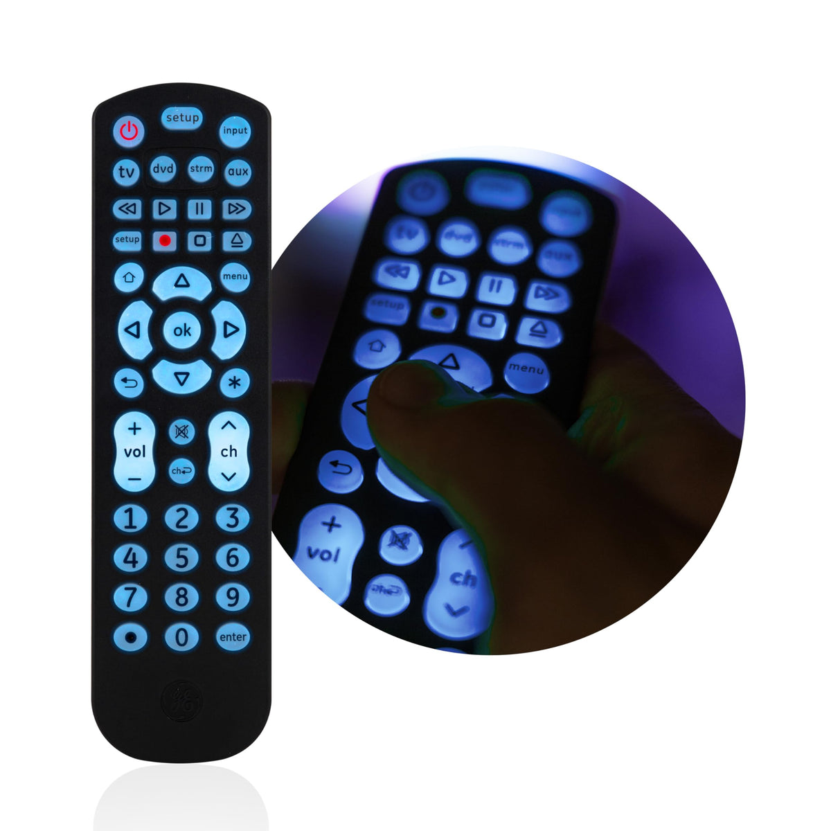 GE universal remote shows master volume control across devices for consistent audio.