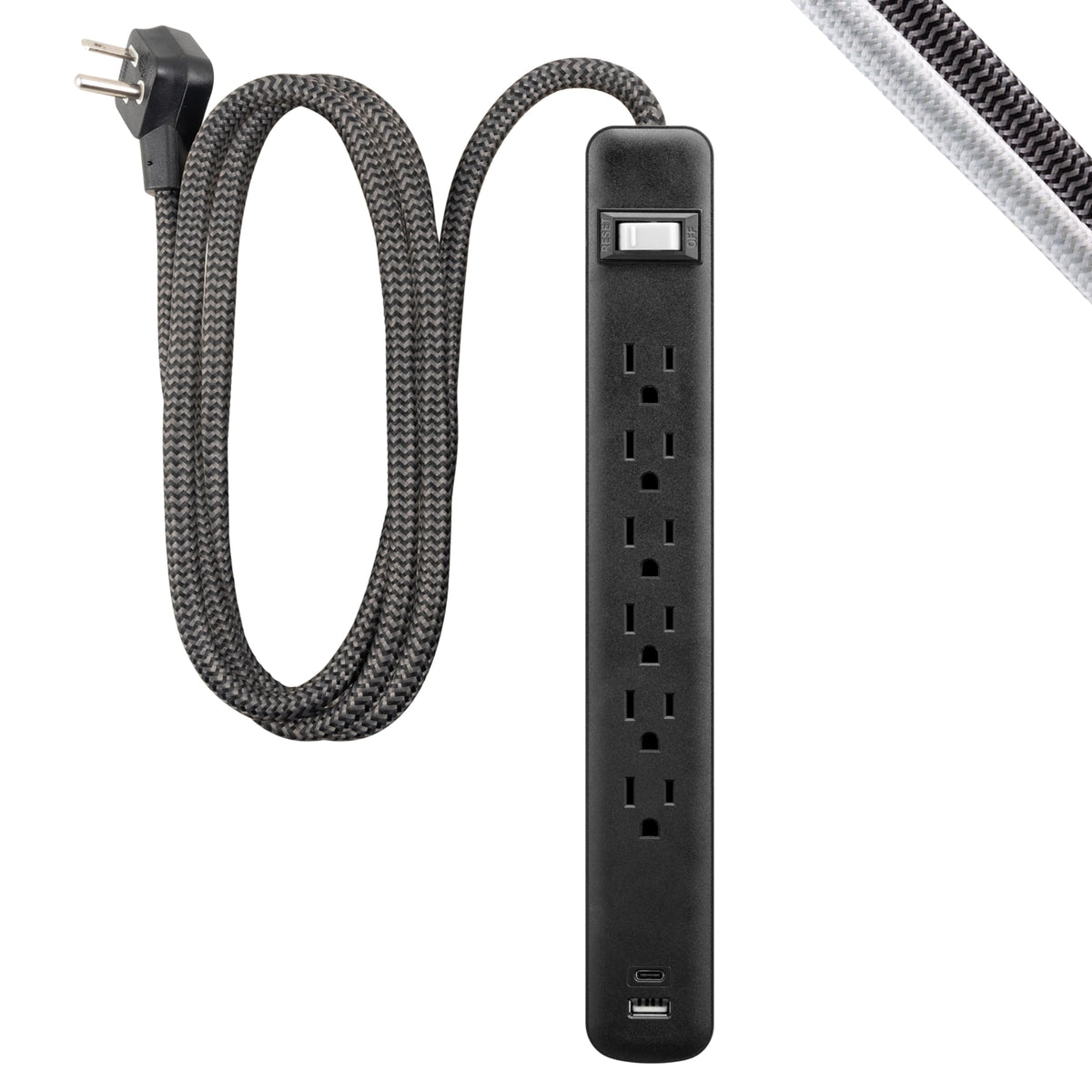 GE 6-outlet power strip USB-A and USB-C ports visible for charging.