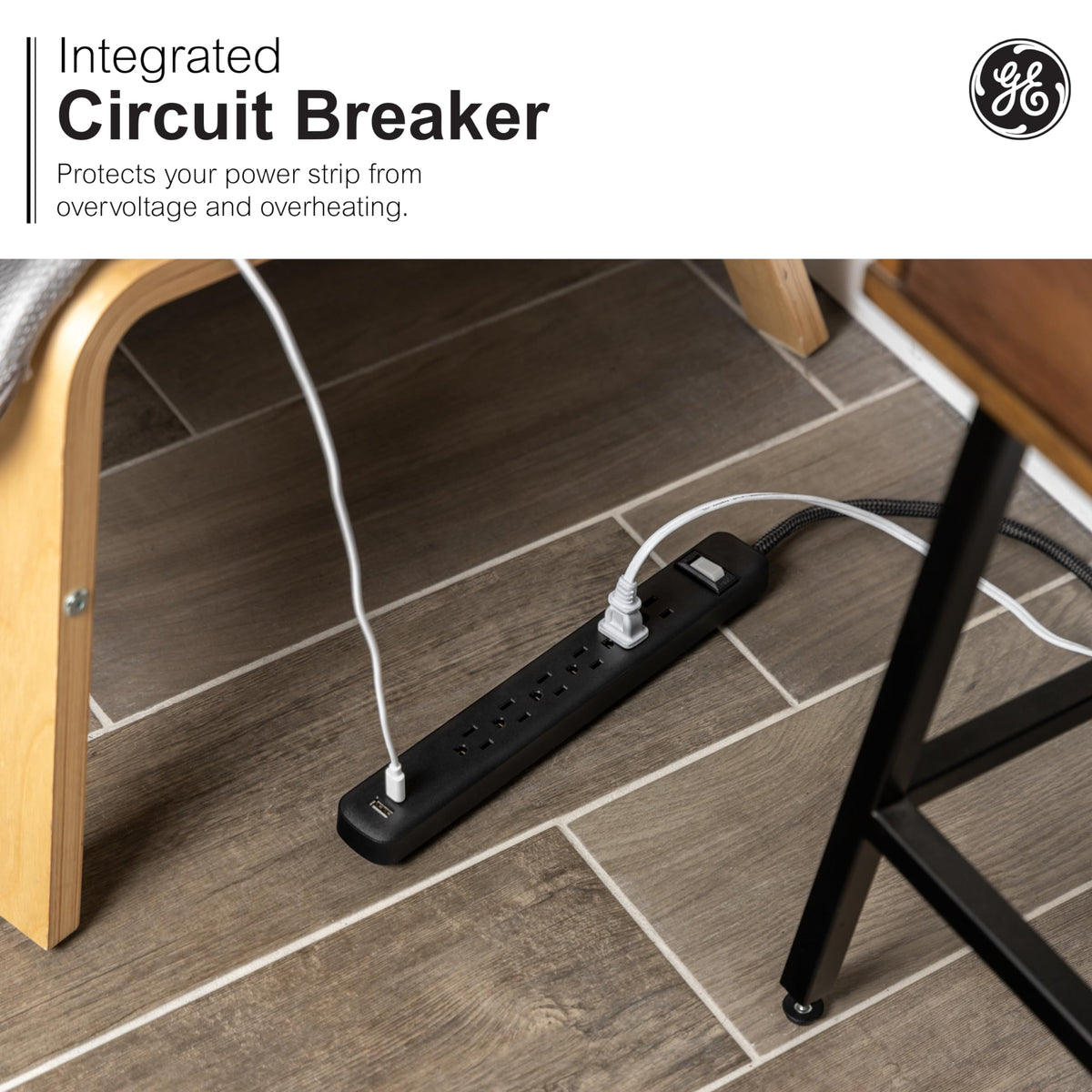 GE power strip wall-mount holes for easy permanent setup.