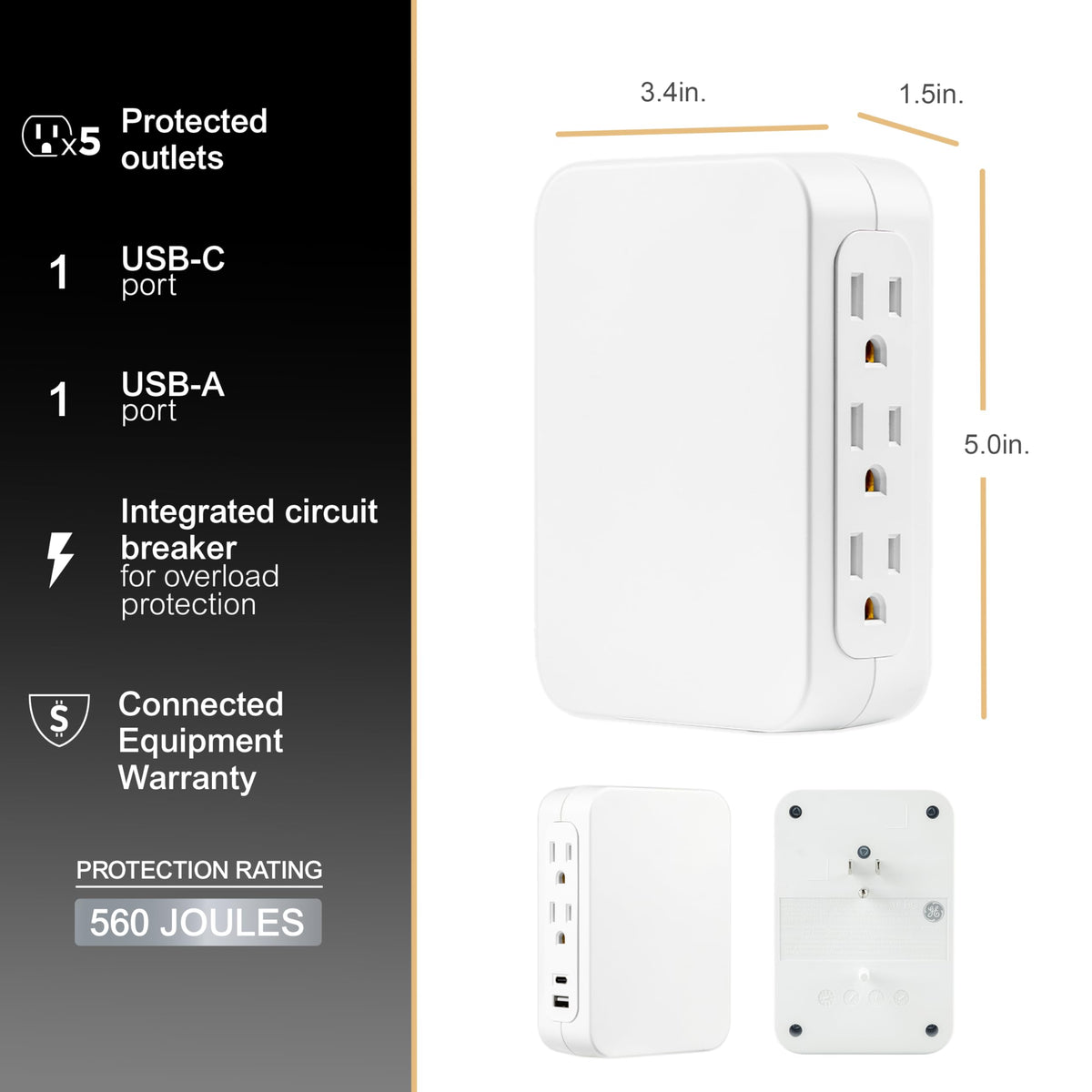 GE wall tap surge protector with USB-A and USB-C ports for convenient charging