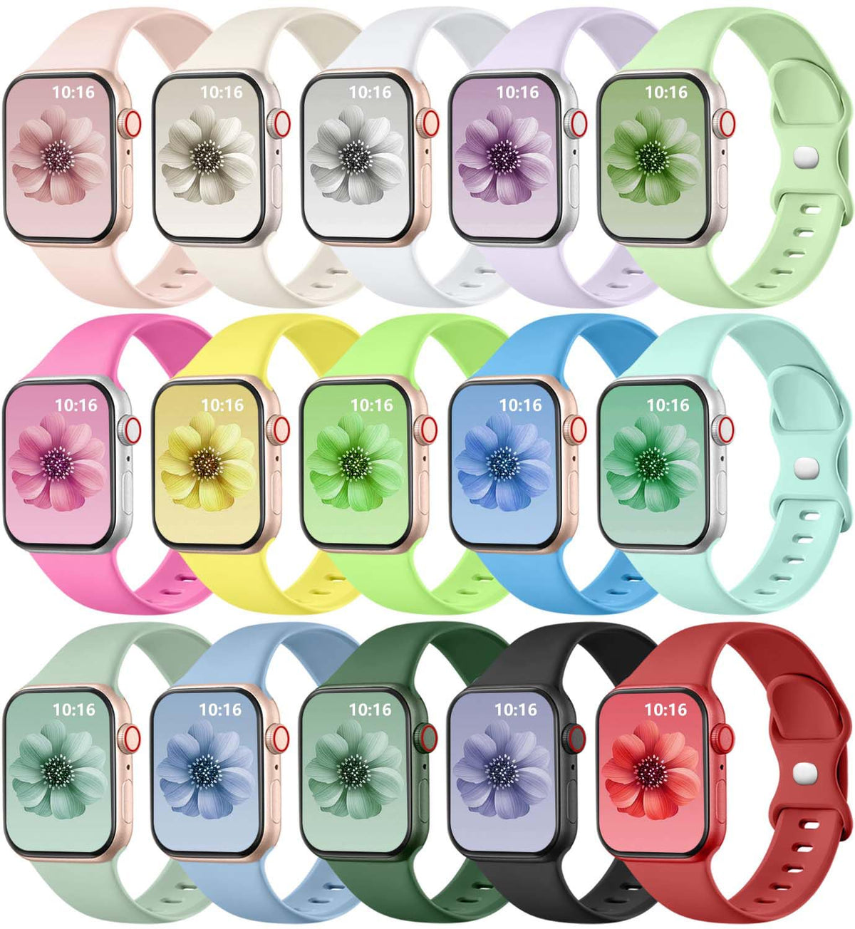 GEAK 15-pack Apple Watch bands for women in 38–49mm, comfortable silicone.