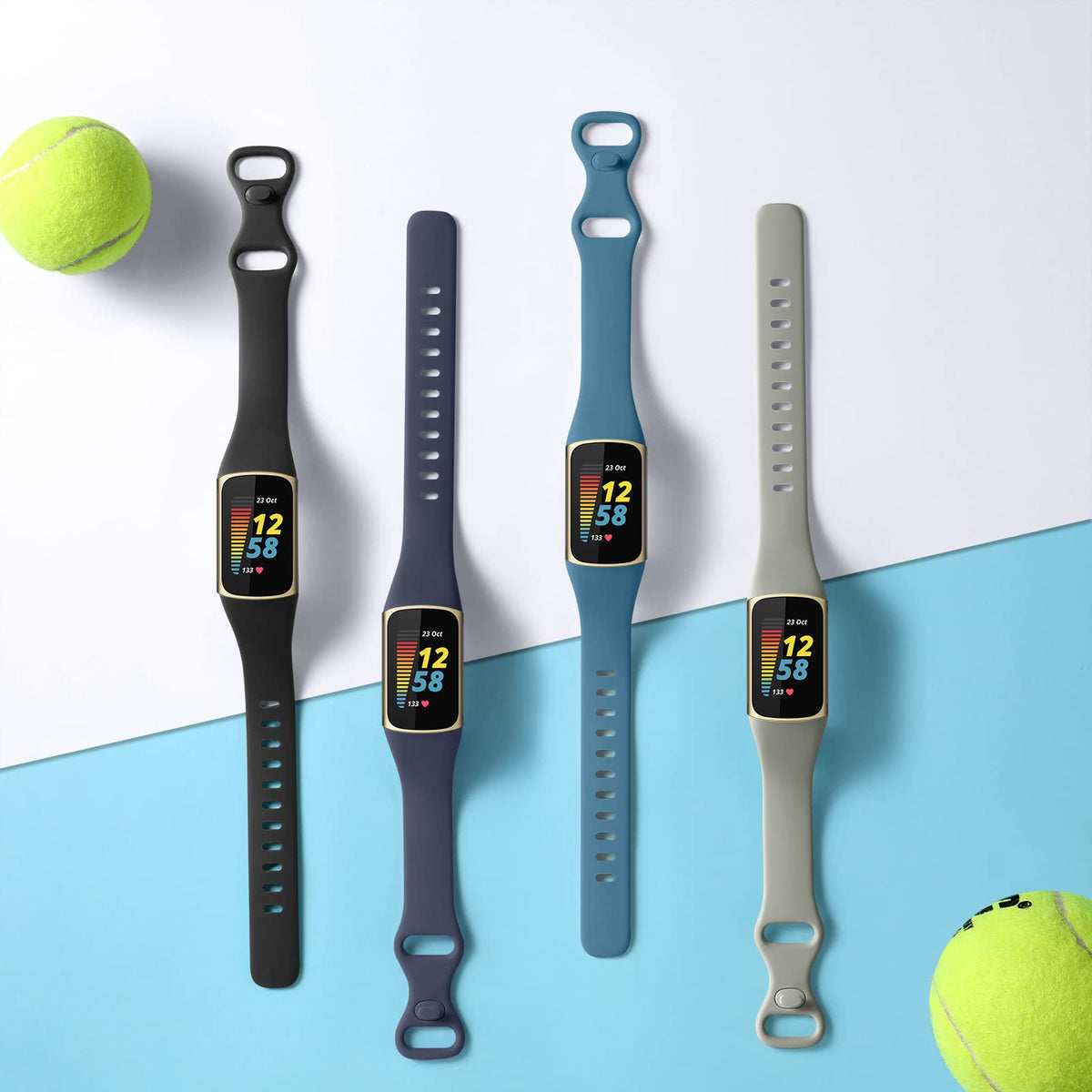 GEAK slate band on Fitbit Charge 5/6 showing soft silicone for comfortable all-day wear.