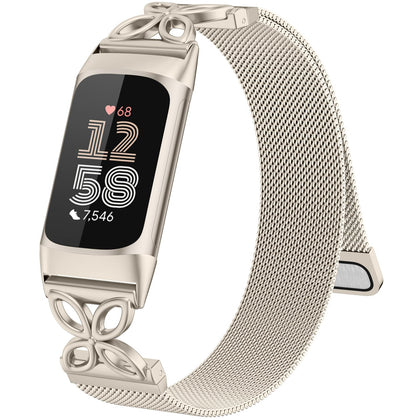 GEAK floral end-link design on metal strap for Fitbit Charge 5/6.