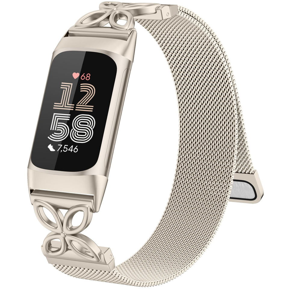 GEAK floral end-link design on metal strap for Fitbit Charge 5/6.