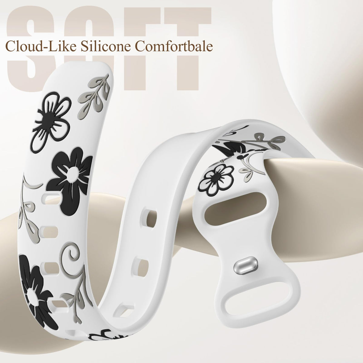 GEAK floral engraved band Sense 2 close-up highlights laser pattern and skin-friendly silicone.