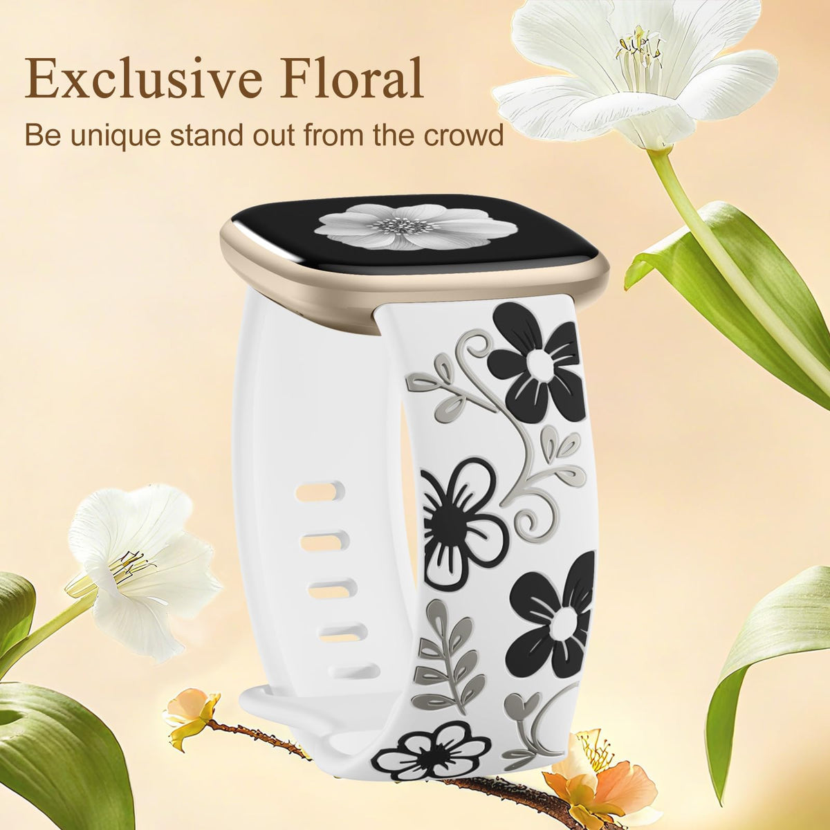 GEAK floral engraved band Versa 3 front view with secure buckle and comfortable fit.