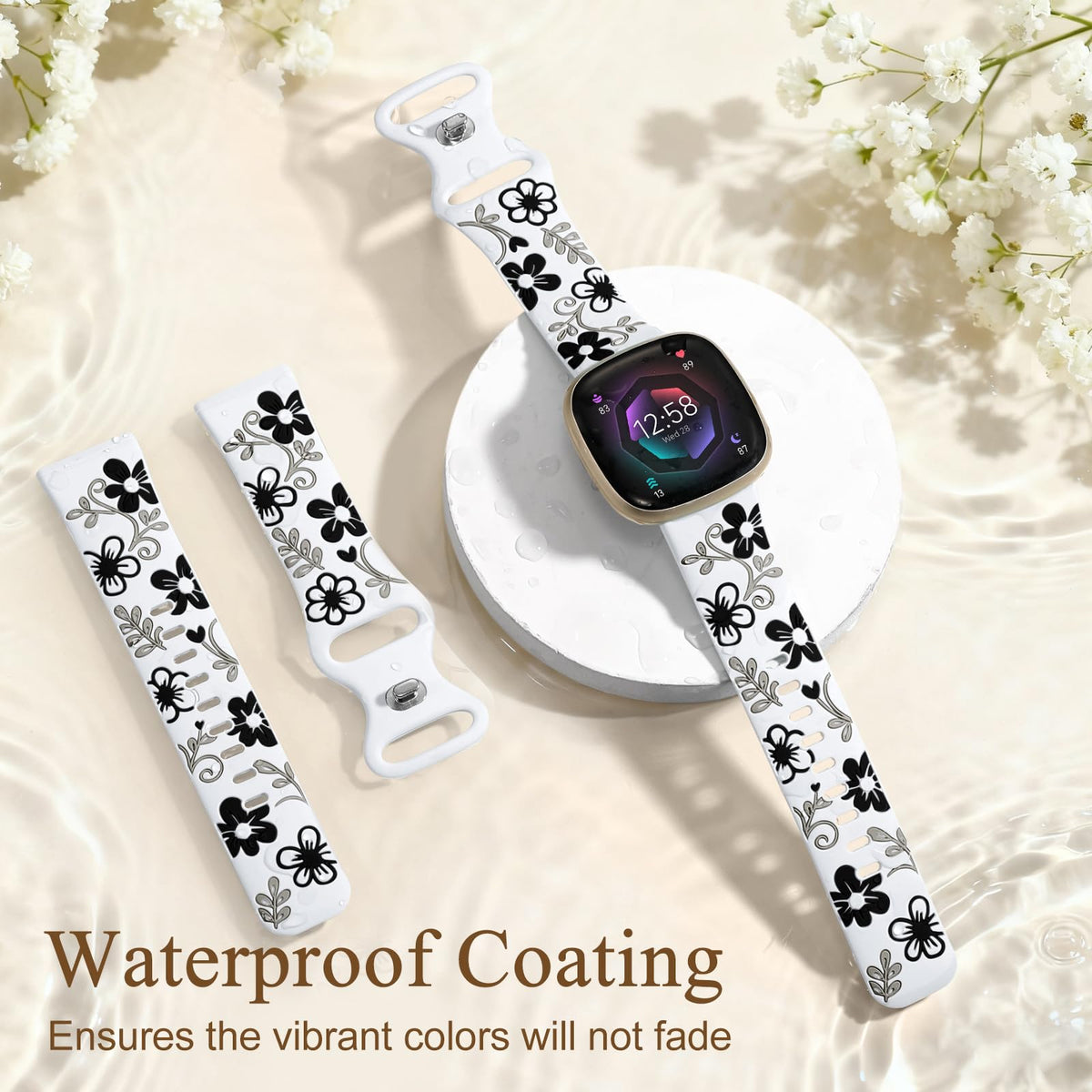 GEAK silicone floral texture close-up illustrating waterproof and sweatproof coating.