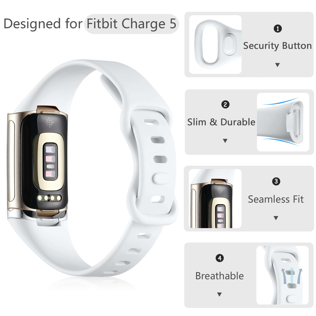 GEAK slim white band for Fitbit Charge 5/6, moisture-friendly material for daily activities