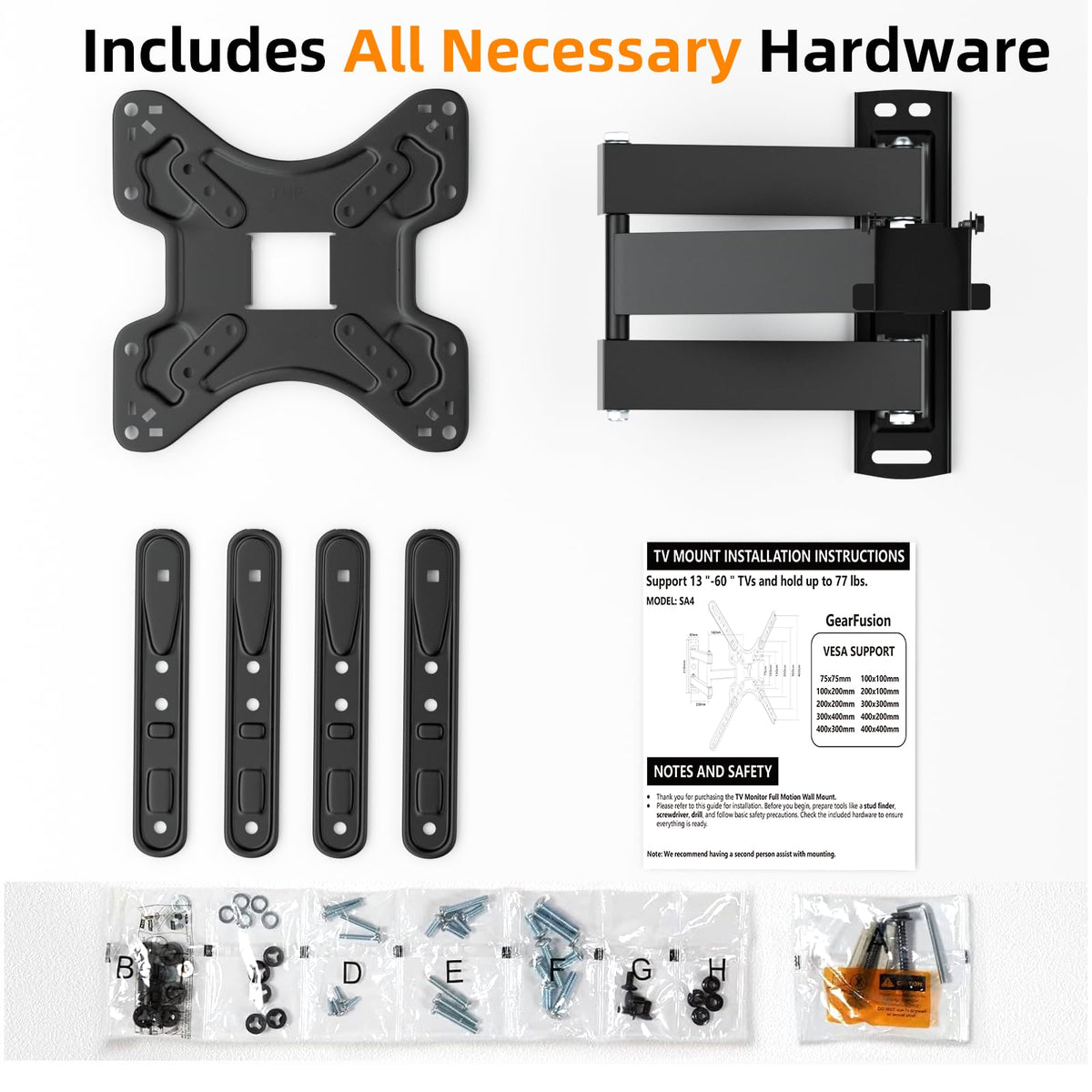 GearFusion universal VESA compatibility supports 75x75 to 400x400 patterns.