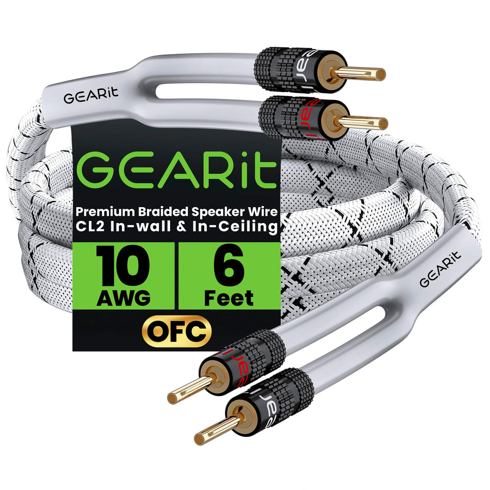 GEARit 10 gauge OFC speaker wire with banana plugs for easy hi-fi connections.