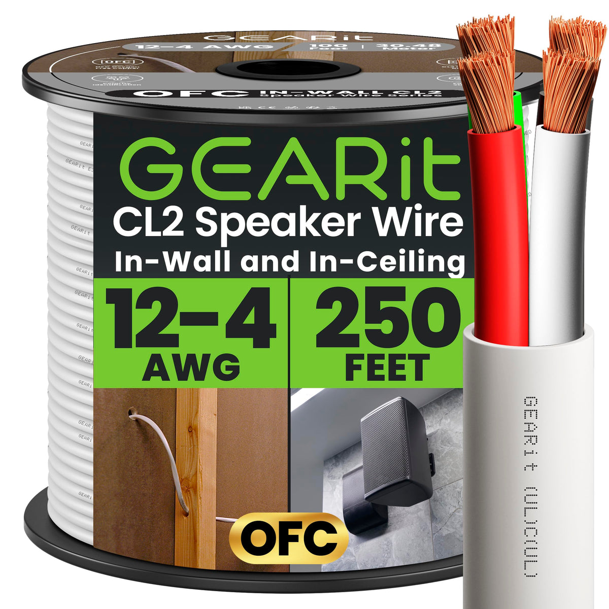 GEARit 12-gauge OFC wire 250 ft for long home theater runs and clarity