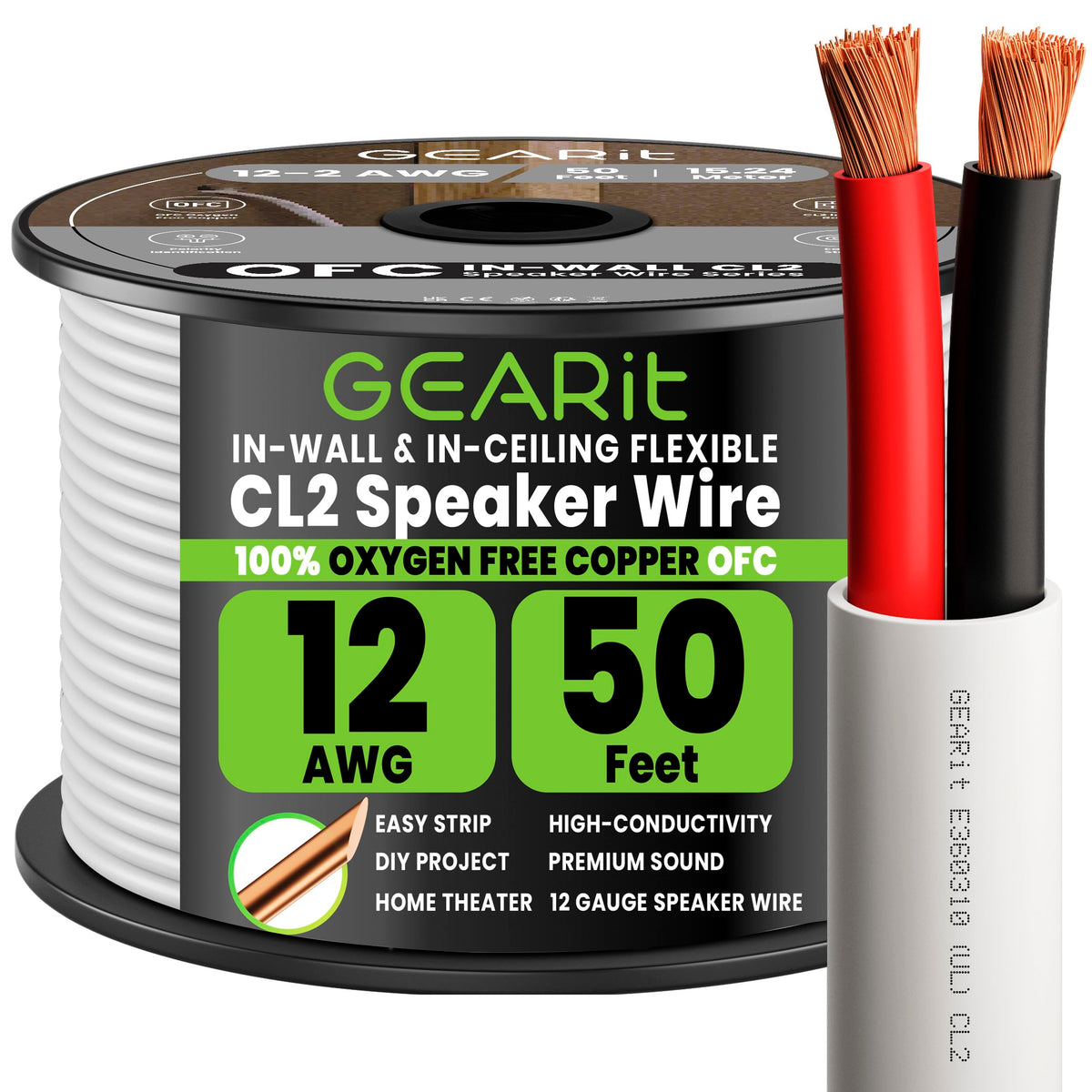 GEARit front packaging showing 12 AWG speaker wire and benefits